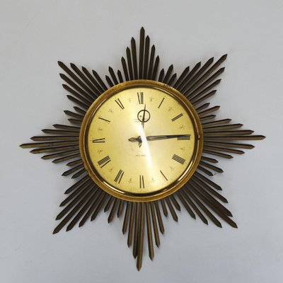 Brass Sunburst Wall Clock from Junghans, 1960s for sale at Pamono - Main Image
