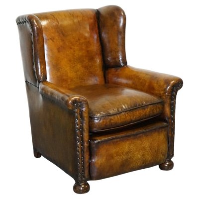 Early Victorian Hand-Dyed Brown Leather Reading Lounge Armchair