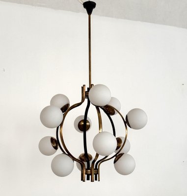 Stilnovo Brass and Opaline Glass Chandelier Stilnovo Brass and Opaline Glass Chandelier