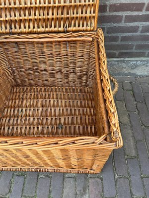 Cesto In Vimini Grande 50.5x33.5x23.5 Cm - Manico In Legno, Naturale Con Strisce Decorative, Fatto A Mano