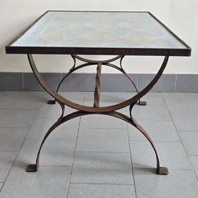 Brutalist French Coffee Table in Steel & Stained Glass, 1970s for
