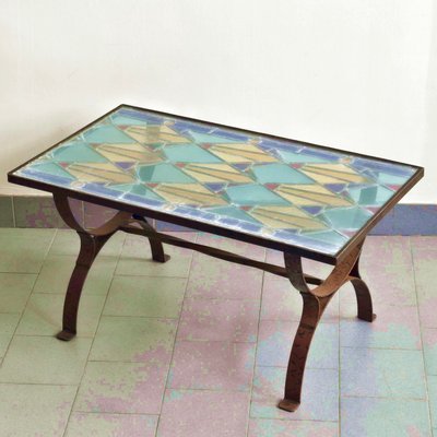 Brutalist French Coffee Table in Steel & Stained Glass, 1970s for