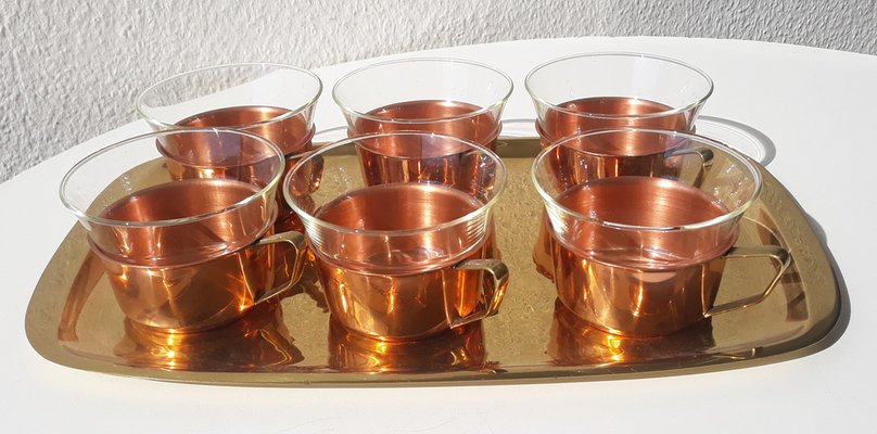 Tea Glasses & Tray in Copper, Brass & Jena Glass from Schott