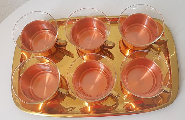 Tea Glasses & Tray in Copper, Brass & Jena Glass from Schott