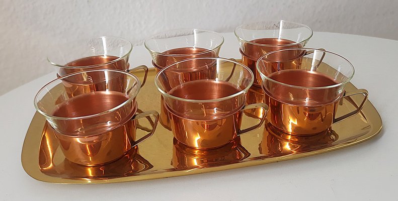 Tea Glasses & Tray in Copper, Brass & Jena Glass from Schott