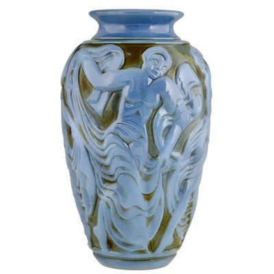 Art Deco Blue Ceramic Vase with Dancers by Georges Condé for
