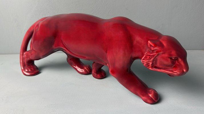 Art Deco Fremch Saint-Clément Panther in Glazed Red Ceramic, 1930s