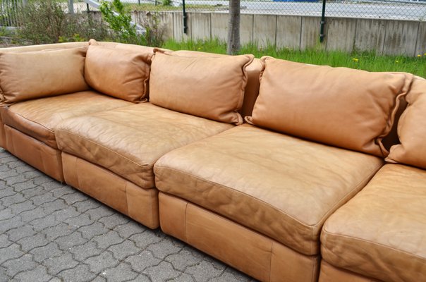 Divano modulare vintage in pelle color cognac di Rolf Benz, anni