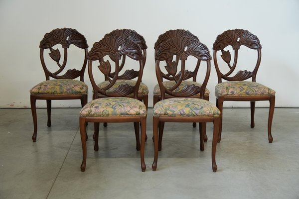 Art Nouveau Revival Hand‑carved Dining Chairs with Floral Seats