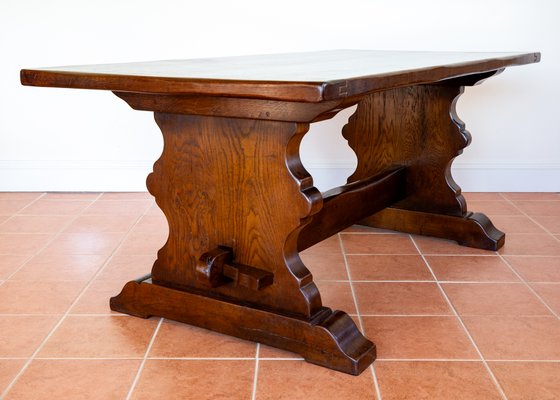 Oak Refectory Trestle Dining Table, 1890s for sale at Pamono