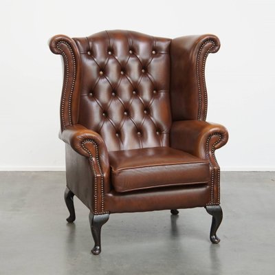 English Queen Ann Period Leather Upholstered Wing Chair English Queen Ann Period Leather Upholstered Wing Chair