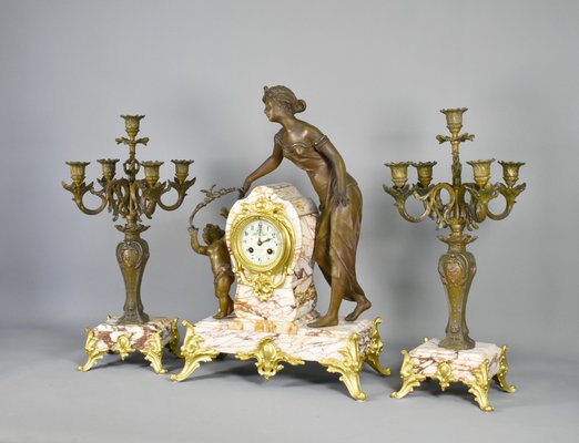 【TENNY THE MAN】フランス製　アンティーク　ビンテージ　陳列 Large French Art Nouveau Mantel Clock and Trim, Set of 3 for sale