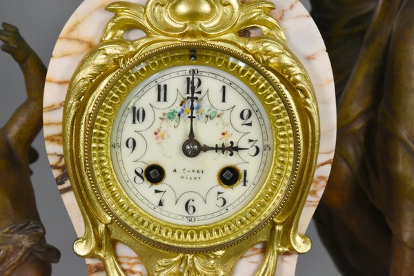 Large French Art Nouveau Mantel Clock and Trim, Set of 3 for sale