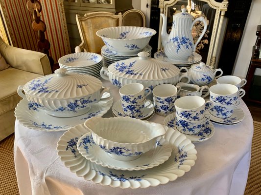 Vintage Porcelain Dinnerware with Cerise Blue Pattern from