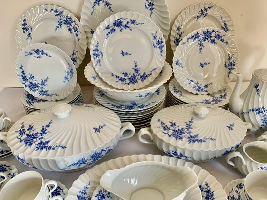 Vintage Porcelain Dinnerware with Cerise Blue Pattern from
