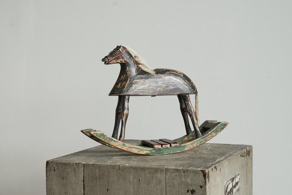 Antique Folk Art Miniature Rocking Horse in Painted Wood, 1890s