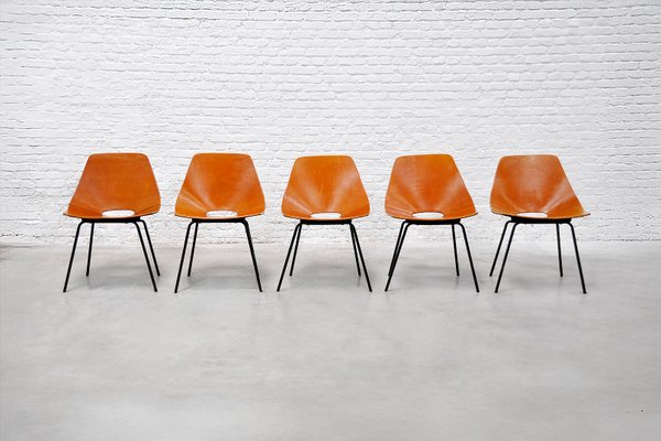 Vintage Cognac Leather Tonneau Chairs by Pierre Guariche, Set of 5