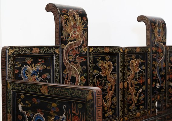 Chinese Black Lacquer Gilt and Polychrome Painted Bench