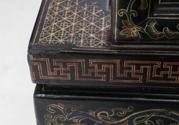 Chinese Black Lacquer Gilt and Polychrome Painted Bench
