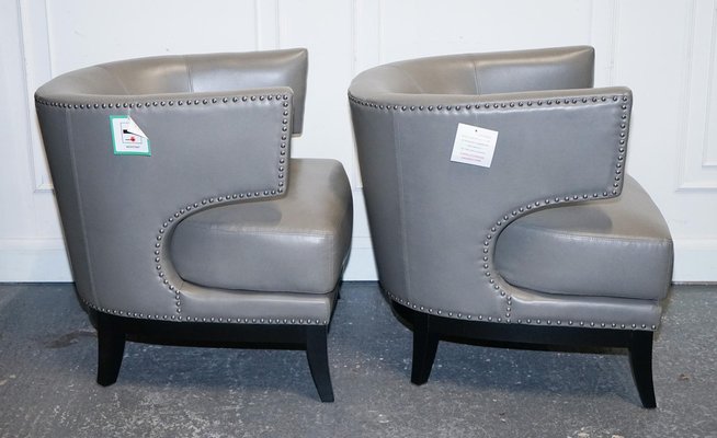 Graue Ledersessel mit runder Rückenlehne und Nieten von Coach House, 2er Set bei Pamono kaufen