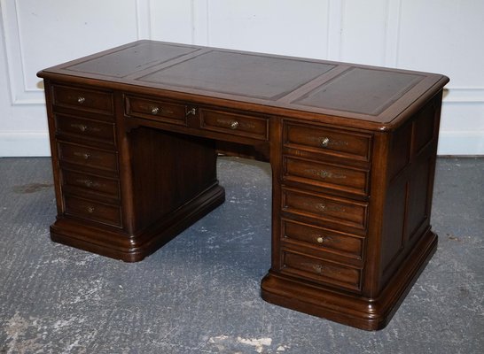Vintage Hekman Usa Twin Pedestal Desk with Brown Leather Top Brass