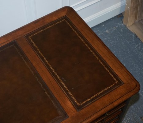 Vintage Hekman Usa Twin Pedestal Desk with Brown Leather Top Brass
