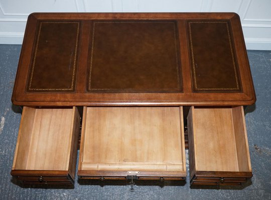 Vintage Hekman Usa Twin Pedestal Desk with Brown Leather Top Brass