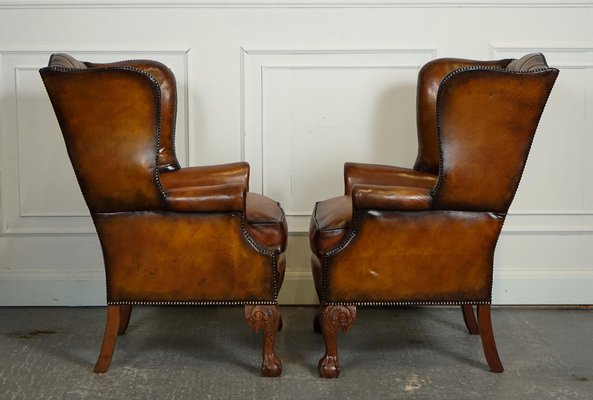 Chesterfield Hand Dyed Brown Leather Wingback Armchairs, Set of