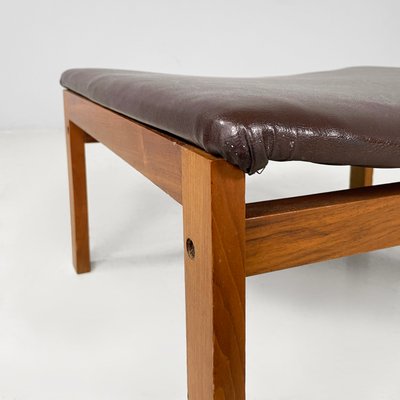 Set of Mid-Century Modern Italian Ottoman in Brown Leather and Wood, 1960s