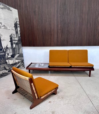 Divano modulare TV 161 con sedili rimovibili in teak e canna intrecciata,  inclusi cuscini e vassoio in ceramica di Hans Olsen per Bramin, Danimarca, 