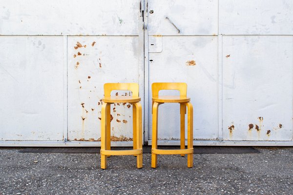 K65 Curved Birch and Plywood Stools by Alvar Aalto for Artek
