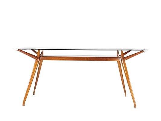 Mid-Century Modern Italian Beech Wood and Glass Dining Table from