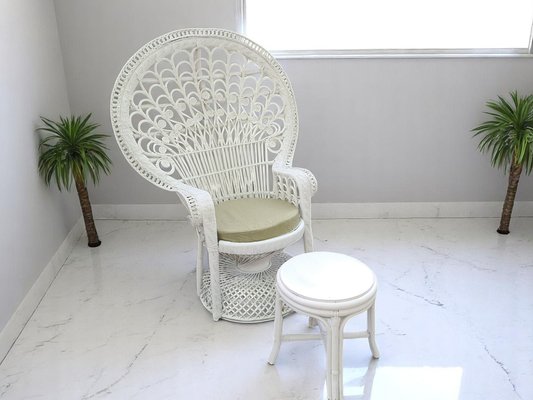Set of Mid-Century White Rattan Wicker Peacock Chair and Ottoman, 1970s