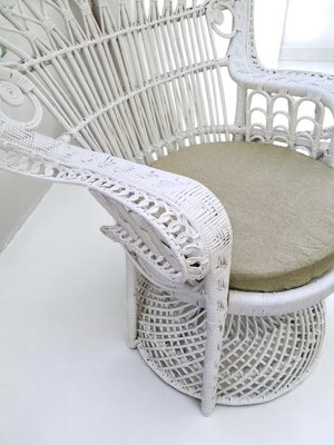 Set of Mid-Century White Rattan Wicker Peacock Chair and Ottoman
