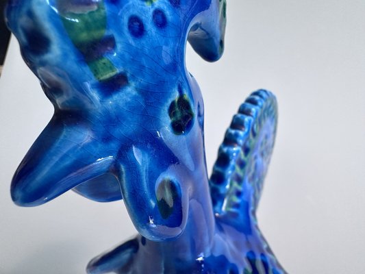 Glazed Ceramic Rimini Blu Rooster Figurine by Aldo Londi for