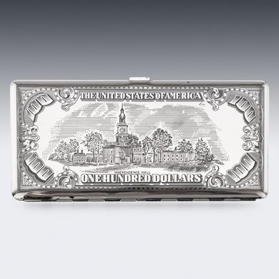20th Century American Silver-Plated Cigarette Case & Lighter Shaped as a  Hundred Dollar Bill , Set of 2