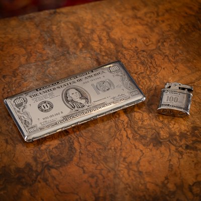 100 dollar bill cigarette case 20th Century American Silver-Plated Cigarette Case & Lighter Shaped as a  Hundred Dollar Bill , Set of 2