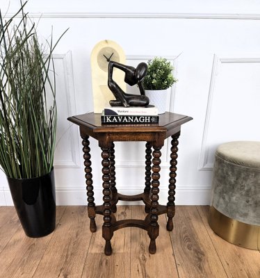 Italian Hexagonal Black Walnut Side Table with Bobbin Turned Legs