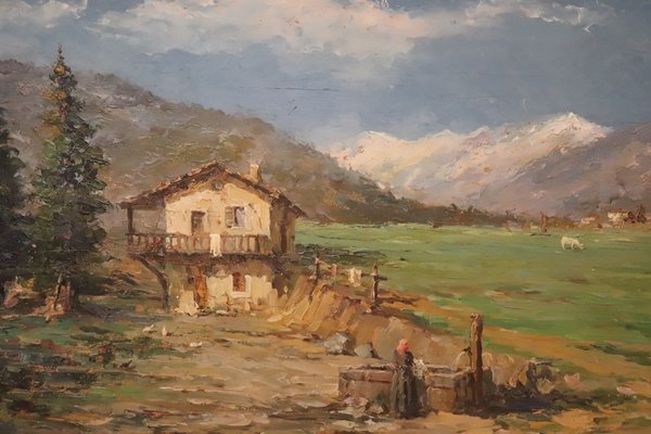Italian Artist, Mountain Valley Landscape, Oil Painting on Plywood