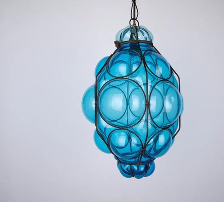 Venetian Blue Murano Caged Glass Pendant Light with Large