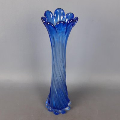Modern Cobalt Blue and Transparent Spiral Murano Glass Vase, 1980s