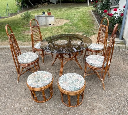 Vintage Rattan Wicker Dining Room Set with Glass Table, 1970s, Set of