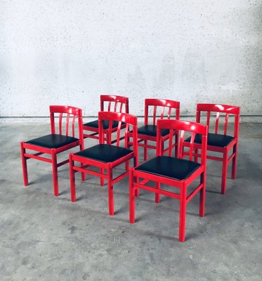 Mid-Century Modern Design Red Dining Chair Set, Belgium, 1960s