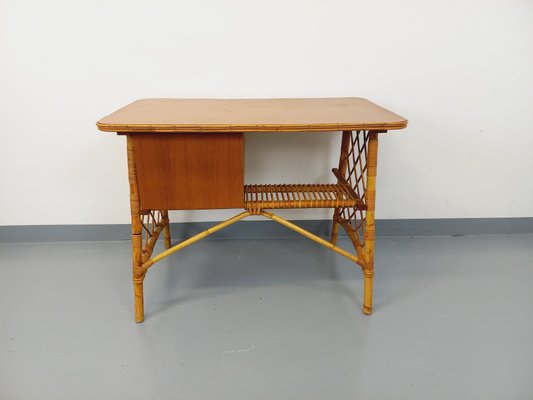 Vintage Desk in Rattan and Wood by Louis Sognot, 1960s for