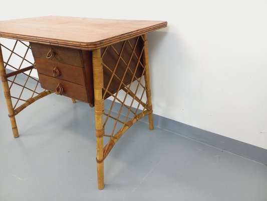 Vintage Desk in Rattan and Wood by Louis Sognot, 1960s for