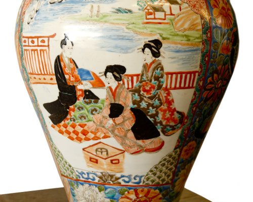 Ancien Vase Japonais Kutani En Porcelaine – Bleu Avec Tête De Lion (Shi-shi) – Décor Paysage