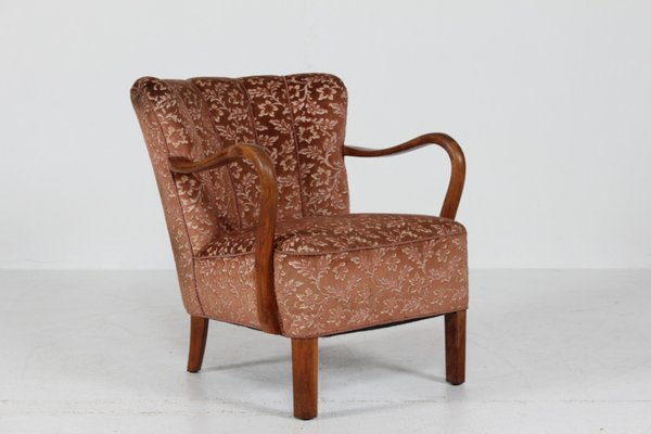 Art Deco Danish Club Chair with Floral Velvet Upholstery by Viggo Boesen  for Slagelse Møbelværk, 1940s