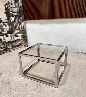 French Cube-Shaped Chrome Side Table with Glass Top and Brass