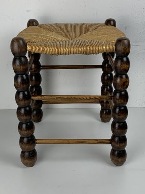 Brutalist Wood Turned Bobbin Rush Stool by Charles Dudouyt, 1950s
