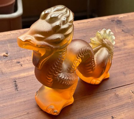 Chinese Dragon Sculpture in Amber and Frosted Glass by René